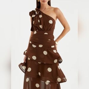 Brown Polka Dot One-Shoulder Dress